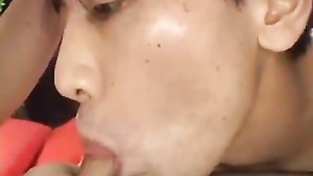 Japanese granny sucking grandson's cock in bathroom closeup