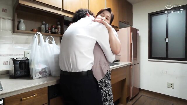 Chiyoko Kawab hugs son's friend in kitchen, JAV milf tease