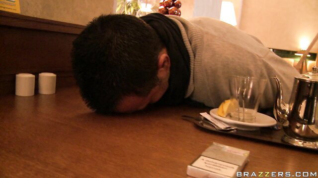 Barbie White waitress passed out on table with Scott Nails & Keiran Lee