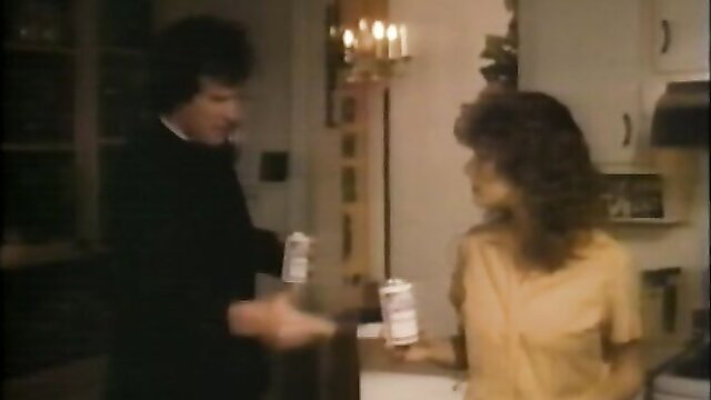 Vintage Lilith kitchen flirt with man holding cans, tight pussy tease