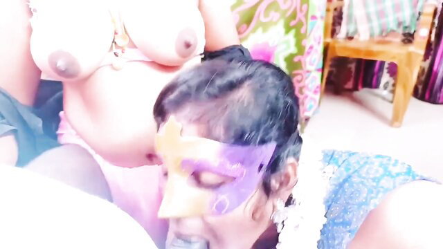 Indian cougar with big tits motorboating masked man in kinky amateur sex