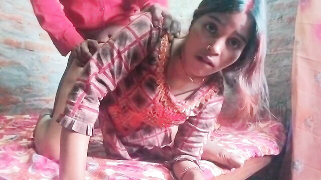 Hot Indian countryside girl in plaid top, arched back doggy tease