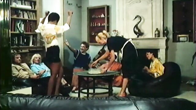 Vintage 1980s Korperspiele orgy with blondes in lingerie serving men