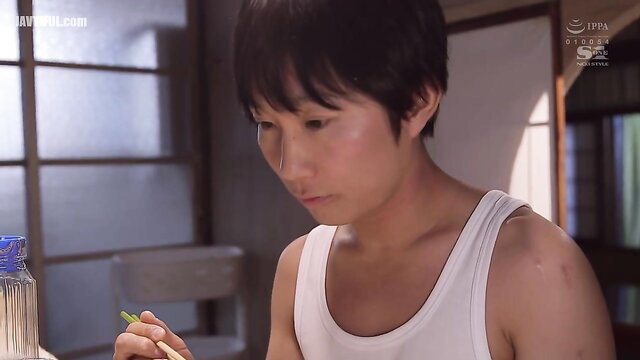 Japanese young guy in tank top eating, JAV busty wife seduction scene