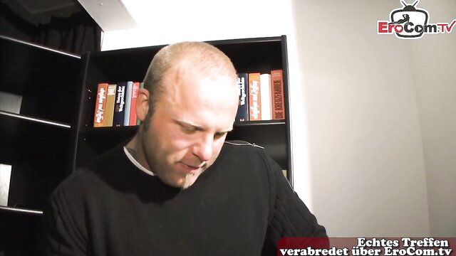 Bald man in black sweater at erotic video chat casting on EroCom.tv