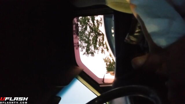 Amateur car cum flash POV through mirror, hot chick exposing cumshot