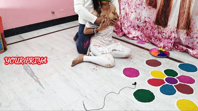 Your Priya topless Holi special, man groping her big tits in white salwar