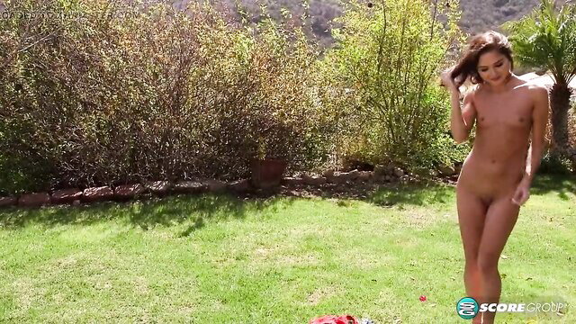 Zoe Bloom nude in garden, sunning tiny tits and buns outdoors
