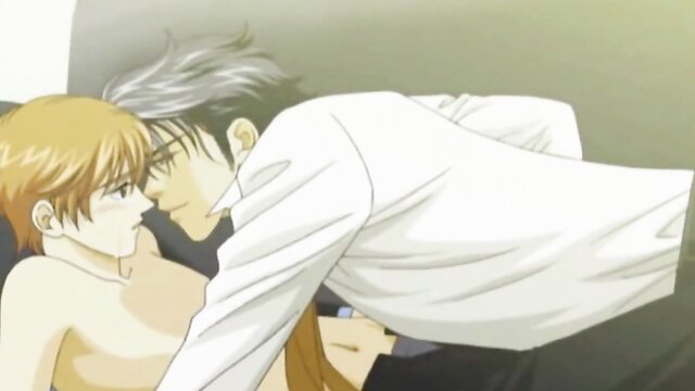 Blond twink kissed by silver-haired anime hunk in romantic yaoi scene