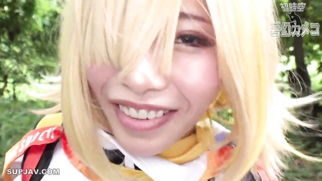 Blonde JAV cosplay wife smiling outdoors, married woman orgasm tease