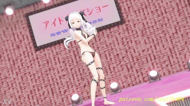 Silver-haired anime girl in chain bikini poses dominantly on stage