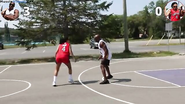 Gym girl in tight shorts vs 55yo black dad bodybuilder 1v1 basketball