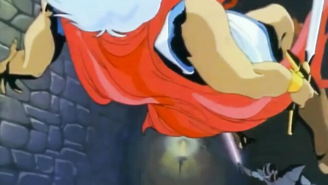 Anime hentai hero in red cape battles bat demon on castle wall