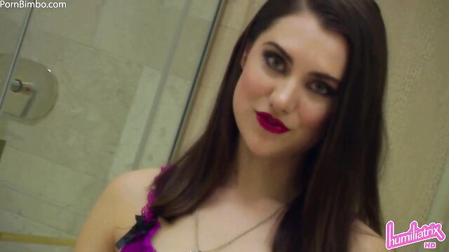 Stunning Princess Tessa paints luscious red lips in lingerie to humiliate you