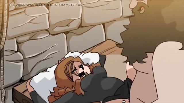 Animated redhead with huge tits fucked by black-haired guy in stone room