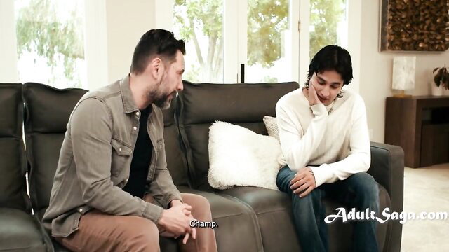 Dana Vespoli chats with blindfolded stepson on couch in family scam vid