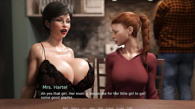 Busty MILF in lingerie talks desperately to redhead teen stepdaughter at table