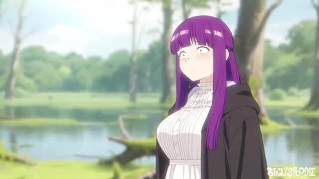 Purple-haired anime hentai girl in tight blouse and cloak outdoors by lake