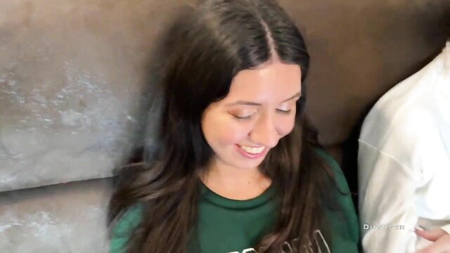 Katty West & Kate Rich smiling close-up in green top, public orgy pickup