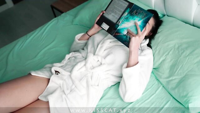 Asian stepmom in robe reads book on bed, teases huge stepson rod creampie