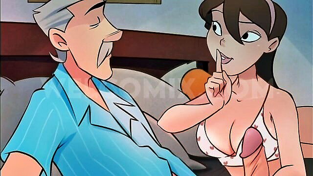 Cartoon teen in bikini strokes old man's cock, shushing him naughtily