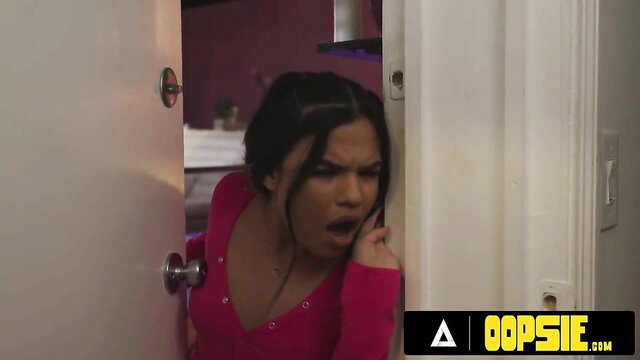 Kimmy Kimm shocked peeking from door in pink top, Dee Williams MILF caught squirting