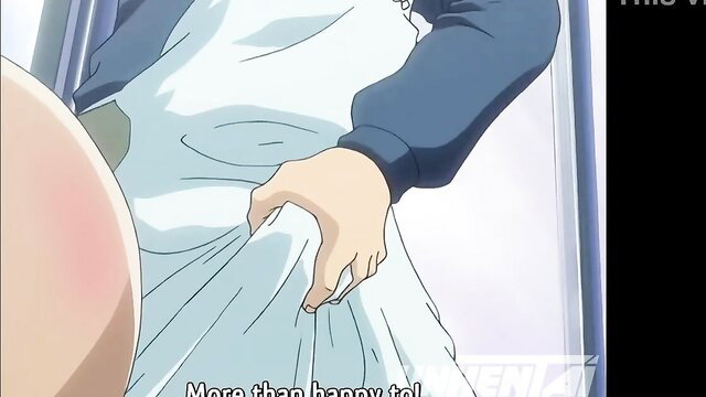 Hot anime MILF in apron grabbed by hand on big ass, JAV style