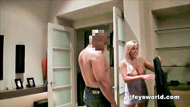 Hot blonde wifey in sheer lingerie with buff guy prepping for massive cock fuck