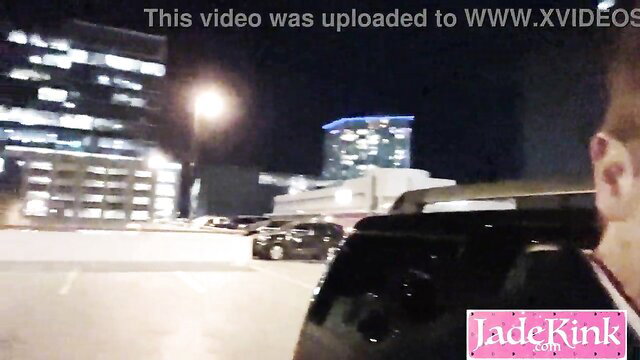 POV amateur slut facials cumshot in public parking lot at night
