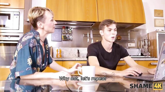 Cherry Aleksa in stockings teases young man in kitchen on Shame4K