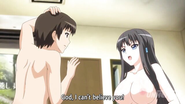 Huge tits anime teen shocked by nude guy in steamy hentai scene