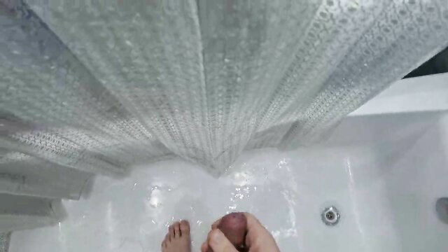 POV naked guy jerking big cock in shower as stepmom watches, milf handjob tease