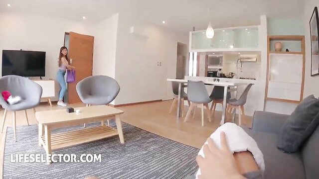 Sexy Asian masseuse girlfriend in shorts enters room POV