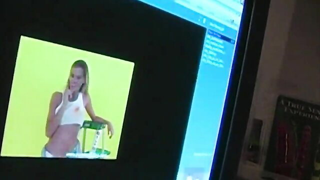 Skinny blonde YummyMama Mindy Crawford in skimpy top and thong on yellow background