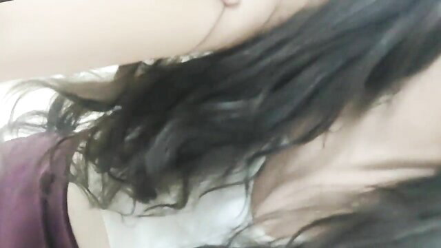 Natalia sexy purple lingerie tease, long black hair closeup