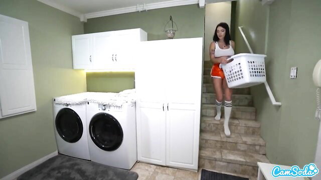 Gabbie Carter in sexy orange Daisy Dukes and thigh high socks with laundry basket
