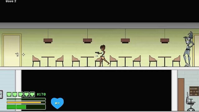 Black babe drops gun before horny animatronics, skirt up ass tease