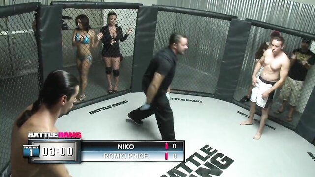 Battle Bang fight porn thumbnail: Niko vs Romo Price in cage with bikini babes