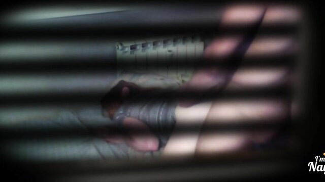 Voyeur view of GF's bare foot and legs through blinds with stepdad