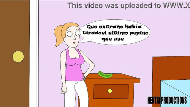 Blonde hentai girl shocked by stranger using last cucumber