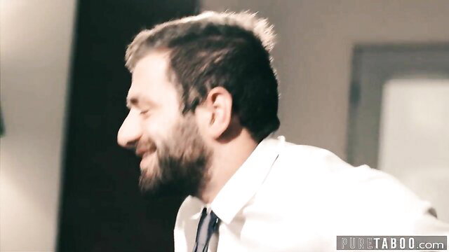 Bearded boss smiling in office, Tiffany Watson teen secretary Pure Taboo