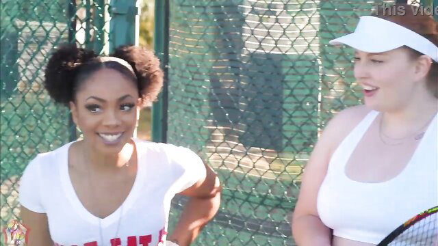 Cali Caliente and Mia Dior in tennis outfits smiling on court