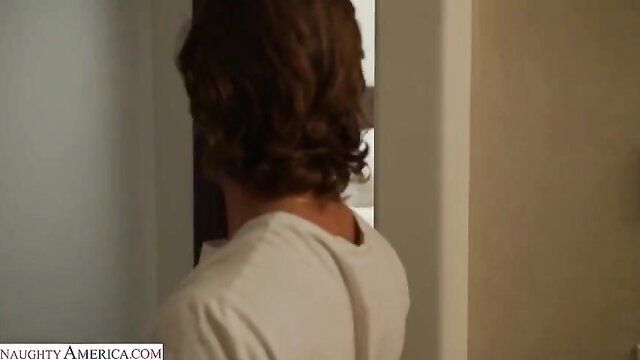 Ryan Conner blonde MILF back view in white tee doorway