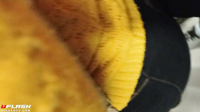 Blonde woman in yellow fuzzy sweater groped from behind, big ass in tight jeans