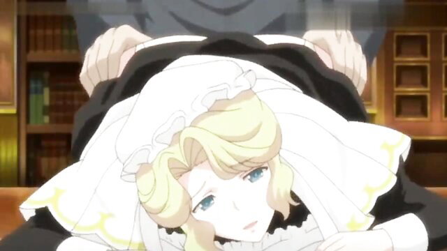 Blonde anime maid in wedding dress bent over by man in hentai scene