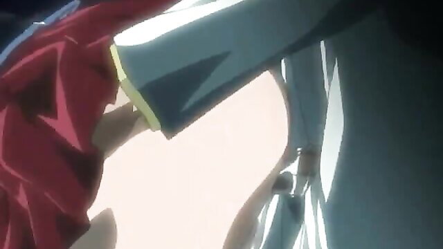 Animated redhead in red dress fucked by yellow glowing dildo, anime hentai closeup