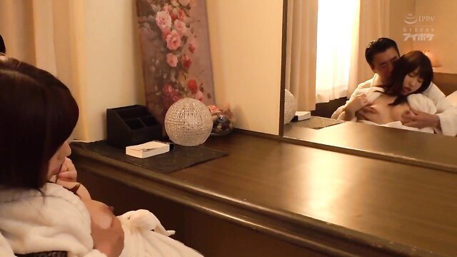 Momo Sakura cheating wife in robe mirror cuddle JAV scene