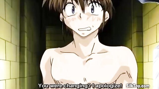Anime boy apologizes to nude girl while changing, embarrassed hentai scene