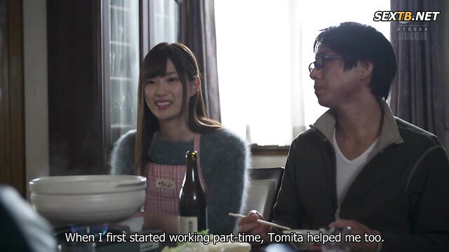 Shuri Miya with coworker at table in JAV cuckold scene