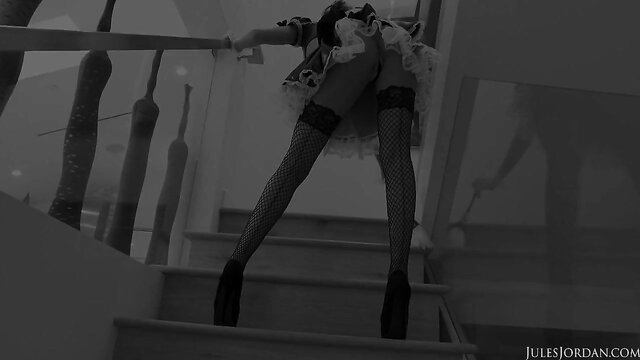 Kimmy Granger sexy maid in stockings bending over on stairs